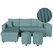 Canapé d'angle réversible convertible oslo avec coffre, 2 poufs à droite en velours côtelé bleu