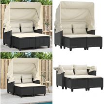 Canapé de jardin 2 places avec auvent et tabourets noir rotin - Canapé De Jardin - Mobilier De Jardin - Salon De Jardin - Résine Tressée - Rotin