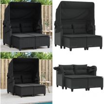 Canapé de jardin 2 places avec auvent et tabourets noir rotin - Canapé De Jardin - Salon De Jardin - Mobilier De Jardin - Résine Tressée - Rotin