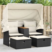Canapé de jardin,Canapé d'extérieur,Sofa de jardin 2 places avec auvent et tabourets noir rotin CFW12086