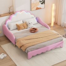 Canapé lit 140200cm, transformable en lit plat, tête de lit avec lumière d'ambiance, complet avec matelas, télécommande, rose