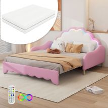 Canapé lit 140200cm, transformable en lit plat, tête de lit avec lumière d'ambiance, complet avec matelas, télécommande, rose Redom