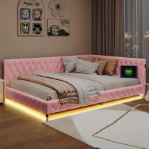 Canapé-lit 140x200,lit double 140x200,Canapé-lit,Lit rembourré LED, lumière ambiante couleurs, port USB, Rose