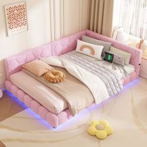 Canapé lit 140x200,lit double,lit 140x200 avec sommier à lattes, Lit rembourré led, lumière ambiante, port USB,Velours peluche,Rose