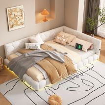 Canapé lit 140x200,lit double,lit 140x200 avec sommier à lattes, Lit rembourré LED, lumière ambiante, port USB,Velours peluche,Blanc