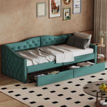 Okwish - Canapé-lit 90 x 200 cm, lit de repos, lit de repos simple avec tiroirs, grand espace de rangement, vert