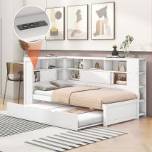 Canapé-lit 90x200 cm avec lit gigogne 90x190 cm, USB, Lit enfant, Plusieurs compartiments de rangement, Sans matelas, blanc