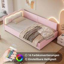 Canapé-lit 90x200cm, lit enfant, lumière LED, lit simple, velours, sans matelas, rose