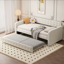 Canapé-lit, avec lit gigogne gigogne, grands rangements, 90 x 200 cm, en mdf, beige clair