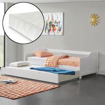 Canapé-lit Convertible avec 2 Matelas Lit Gigogne Divan Canapé d'appoint Bois Pin Contreplaqué Mousse à Froid Blanc 205x190,5x66cm [neu.haus]