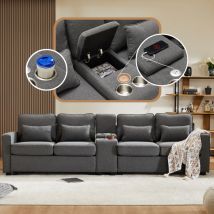 Canapé moderne 4 places en tissu lin avec console, 2 porte-gobelets, 2 ports usb pour recharger avec câble, avec poches pour accoudoirs et 4