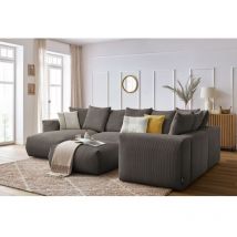 BOBOCHIC - Canapé panoramique fixe modulable VOLTAIRE avec 1 méridienne, 1 angle, 2 chauffeuses et 1 pouf Angle gauche Taupe