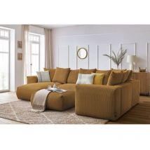 BOBOCHIC - Canapé panoramique fixe modulable VOLTAIRE avec 1 méridienne, 1 angle, 2 chauffeuses et 1 pouf Angle gauche Jaune