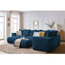 BOBOCHIC - Canapé panoramique fixe modulable VOLTAIRE avec 1 méridienne, 1 angle, 2 chauffeuses et 1 pouf Angle gauche Bleu foncé