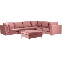 Canapé Modulable Rose et Argenté en Velours 6 Personnes Côté Gauche avec Pouf Evja