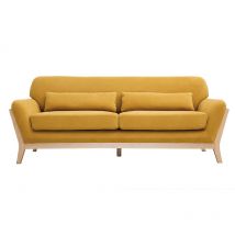 Miliboo - Canapé scandinave 3 places en tissu effet velours jaune moutarde et bois clair yoko