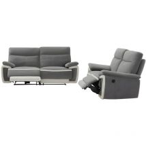 Vente-unique - Canapés 3 places et 2 places relax électrique en velours metti - Gris et bandes écru