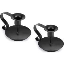 Candle Holder 2 Pcs, Vintage Wrought Iron Candlestick, Black Candle Holders with Handle and Tray Retro Candelabra Table Decoration for Valentine's
