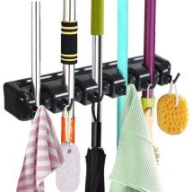Porte Balai Mural Multifonctions,Support Cintre de Rangement avec 5 Emplacements et 6 Crochets pour Votre Cuisine,Garage,Buanderie -Tourne vis Offert