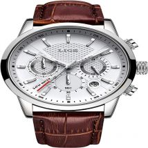 Soleil - lifcausal Chronographe en cuir pour homme étanche - Design sport-chic en acier inoxydable avec fonction date - Montre bracelet noir/argenté