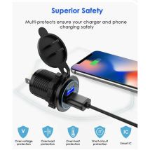 Caricabatterie Usb Rapido Per Auto Con Due Porte Usb Qc3.0, Impermeabile Da 5 V Con Voltmetro Digitale A Led Per Moto, Roulotte, Camion, Barca E Altro