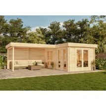 Carlsson - Flachdach Gartenhaus Modell Quinta iso aus Holz Holzhaus mit Schleppdach Freizeithaus mit Terrasse Blockbohlenhaus, 44 mm, naturbelassen