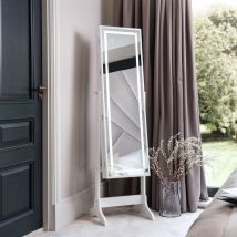Carme Home - Renee Deluxe Full Length Mirrored Jewellery Cabinet with Touch led Lights & Shelves Bedroom Furniture Cosmetics Makeup Organiser (White)