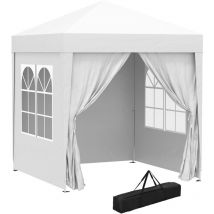 Carpa plegable 2x2 m cenador de jardín con 4 paredes laterales tela Oxford 2 puertas 2 ventanas y bolsa de transporte blanco