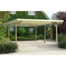 Carport double en bois- 500x500 cm - hauteur de passage de 225 cm - toiture en pvc ondule transparent - 6 poteaux de 9x9x210 cm