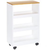Carrello Cucina 3 Scomparti In Legno mdf Bianco e Bambu' Slim 4 Ruote 48x24x77