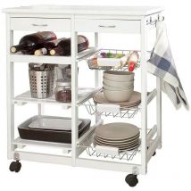 Carrello Cucina Legno 2 Cassetti Portaposate Portabottiglie 5 Scomparti Bianco