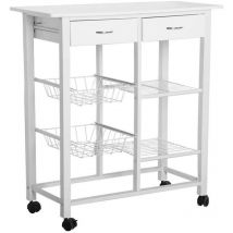 Carrello Cucina Legno con Cassetti Portaposate 4 Ripiani Cesti e Mensole Bianco