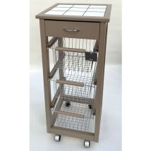 Carrello Cucina Salvaspazio In Legno Di Faggio Con Cassetto E Cesti Contenitori 4 Ruote Girevoli Portapane Portafrutta Tortora