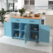 Carrello da cucina 129x46(71)x91,5cm credenza con piano pieghevole e 2 cassetti, mobiletto portaoggetti con 3 ante con ruote, mdf, blu/naturale
