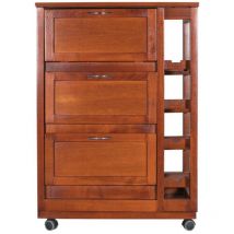 Carrello mobiletto con ante a ribalta e portabottiglie in legno noce