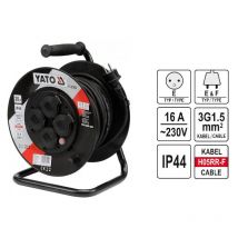 Modelo YT-81052, Extensión enrollable 20m, 3 x 1,5mm², IP44, ideal para uso en exteriores, con protección contra agua y polvo, diseño robusto y