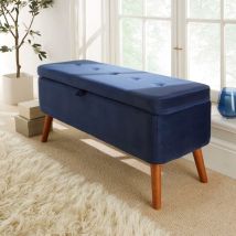 Carson - Navy Fabric Velvet Storage Ottoman Chest Bedding Blanket Box Wooden Legs