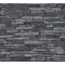 Profhome - Carta da parati a pietre e mattonelle 914224 Carta da parati tnt liscia con elementi di natura opaca grigio nero 5,33 m2