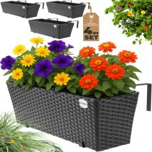 4x Maceteros para Balcón 60x20x19 11L Incl. Soporte de Montaje Jardinera de Terraza Exterior Maceta Colgante Negro - Casaria