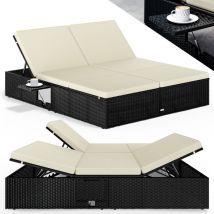 Chaise longue xl extrémités réglables bain de soleil 2 places polyrotin chaise d'extérieur confortable transat Noir crème - Casaria