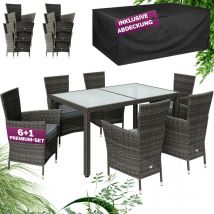 Gartenmöbel Set 6 Personen Stühle inkl. 7cm Polster & Abdeckung Tisch 150x90cm Balkonmöbel 160kg Belastbar Wetterfest Polyrattan Stapelbar Terrasse
