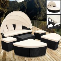 Isola prendisole xxl in polyrattan ø 226cm Tettucio parasole pieghevole Imbottiture spesse 7cm + 3 Cuscini Lettino prendisole Mobili da giardino
