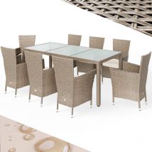 Mobili da Giardino Polyrattan 8 Sedie Impilabili 190x90cm Tavolo da Giardino Vetro Cream (en) - Casaria