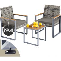 Polyrattan 3pc Garden Furniture Lounge Set Weatherproof Table 2x Chairs 160kg Load Capacity 2 Chairs Pads Height-Adjustable Feet Grey Grau Akazie