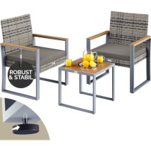 Gartenmöbel Polyrattan Set Wetterfest 2 Stühle Tisch Auflagen 160kg Belastbarkeit Verstellbar Terrasse Balkon Möbel Lounge Grau Akazie - Casaria