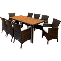 Rattan Garden Furniture Dining Table and Chairs Set 190x90cm Table Cushions Included Rectangular 8 Seater Dark Brown Rattan & Acacia Wood Brown