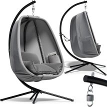 Sedia Sospesa Da Esterno Con Telaio 2 Tasche Laterali Cuscino Xxl Poltrona A Dondolo Interno 150 Kg Di Carico Nera Stabile Resistente Grigio - Casaria