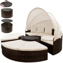 Tumbona de Jardín Isla de Poliratán Ø185cm Lounge Exterior Mesa de wpc Toldo Plegable Terraza Marrón - Casaria