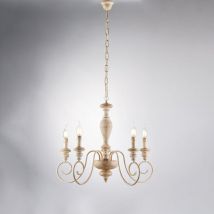 Bonetti Illumina - Cascina - Lustre en bois et fer blanc et tourterelle 5 lumières 115 - Ø60 - BL265-5-BT