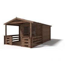 Casetta da giardino in legno con veranda e tettoia - 15m2 - 3x3m - impregnata - 28mm - colore: marrone - DOM427+DOM146+DOM147+POD05